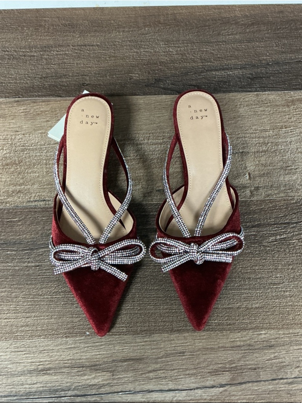 a new day Burgundy Gwen Velvet Pointed Bow Slingback Mules with Rhinestone Trim